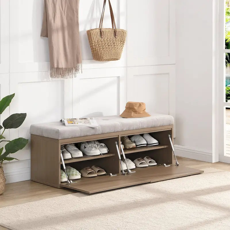 49 Shoe Storage Bench Entryway Shoe Cabinet Storage Ottoman with Padded Seat Cushion and Double Doors