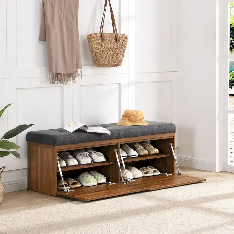 49 Shoe Storage Bench Entryway Shoe Cabinet Storage Ottoman with Padded Seat Cushion and Double Doors