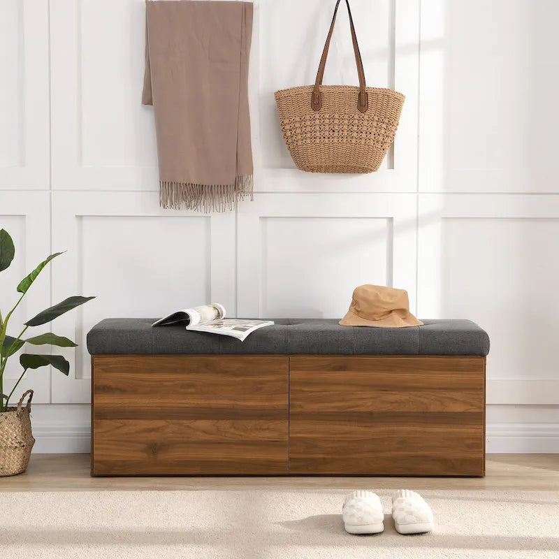 49 Shoe Storage Bench Entryway Shoe Cabinet Storage Ottoman with Padded Seat Cushion and Double Doors