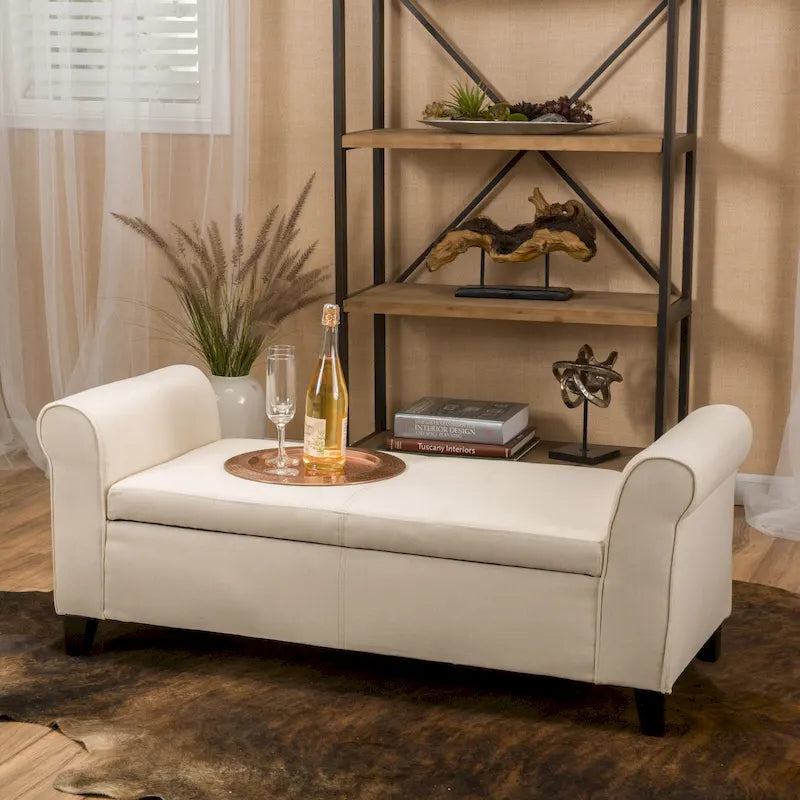 Beige Fabric Armed Storage Bench with Birch Legs and Rolled Arms