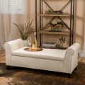 Beige Fabric Armed Storage Bench with Birch Legs and Rolled Arms