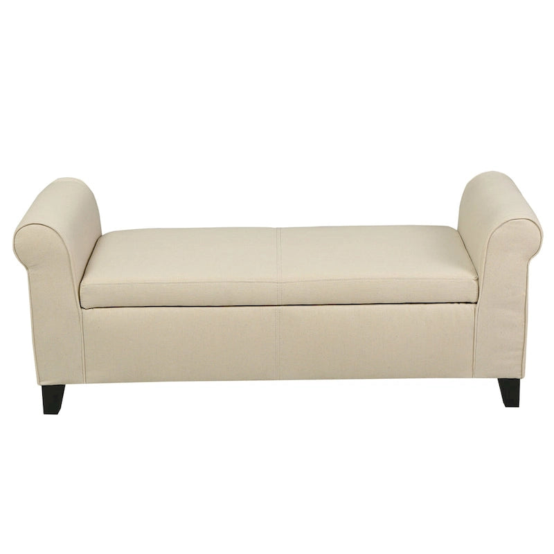 Beige Fabric Armed Storage Bench with Birch Legs and Rolled Arms