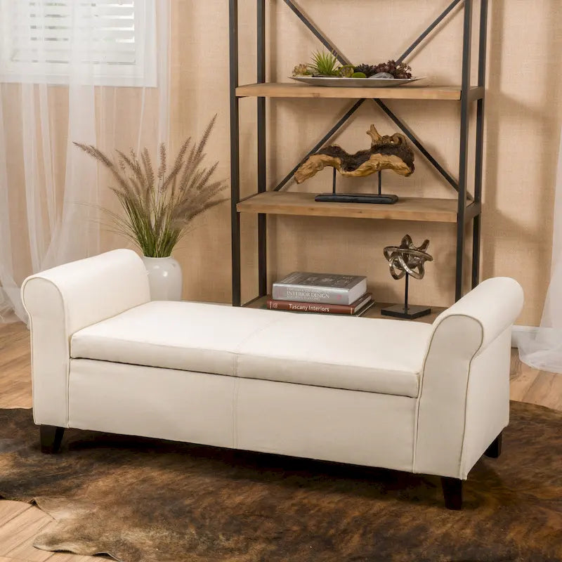 Beige Fabric Armed Storage Bench with Birch Legs and Rolled Arms