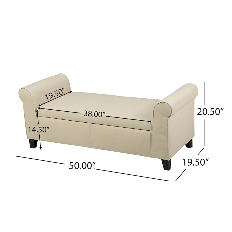 Beige Fabric Armed Storage Bench with Birch Legs and Rolled Arms