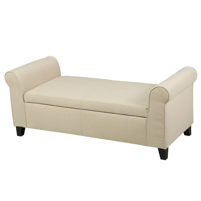 Beige Fabric Armed Storage Bench with Birch Legs and Rolled Arms