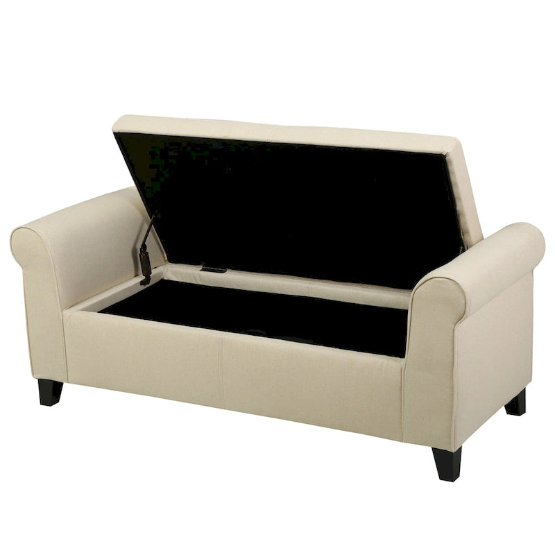 Beige Fabric Armed Storage Bench with Birch Legs and Rolled Arms