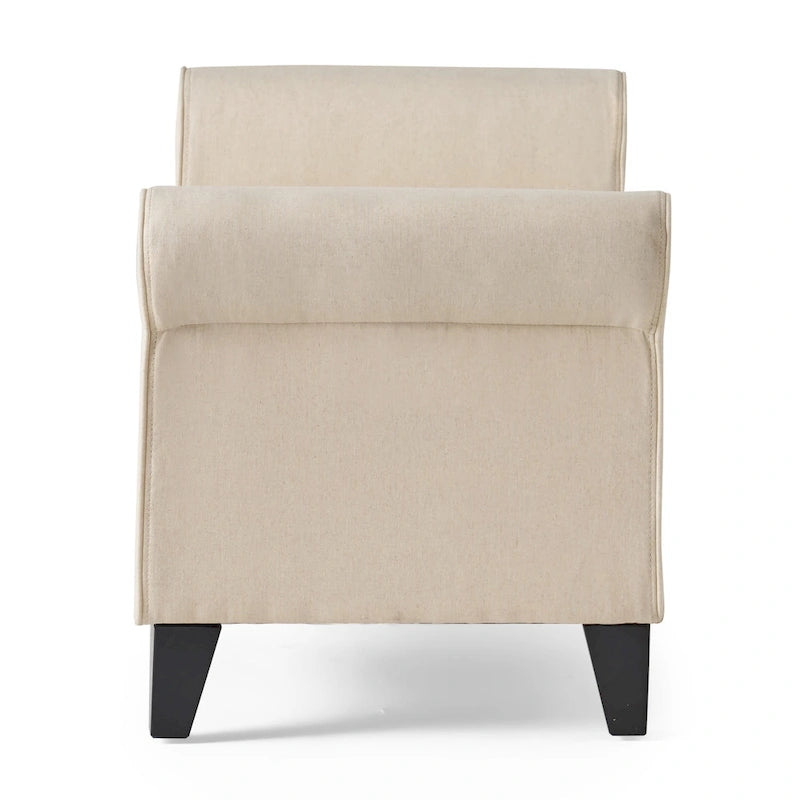 Beige Fabric Armed Storage Bench with Birch Legs and Rolled Arms