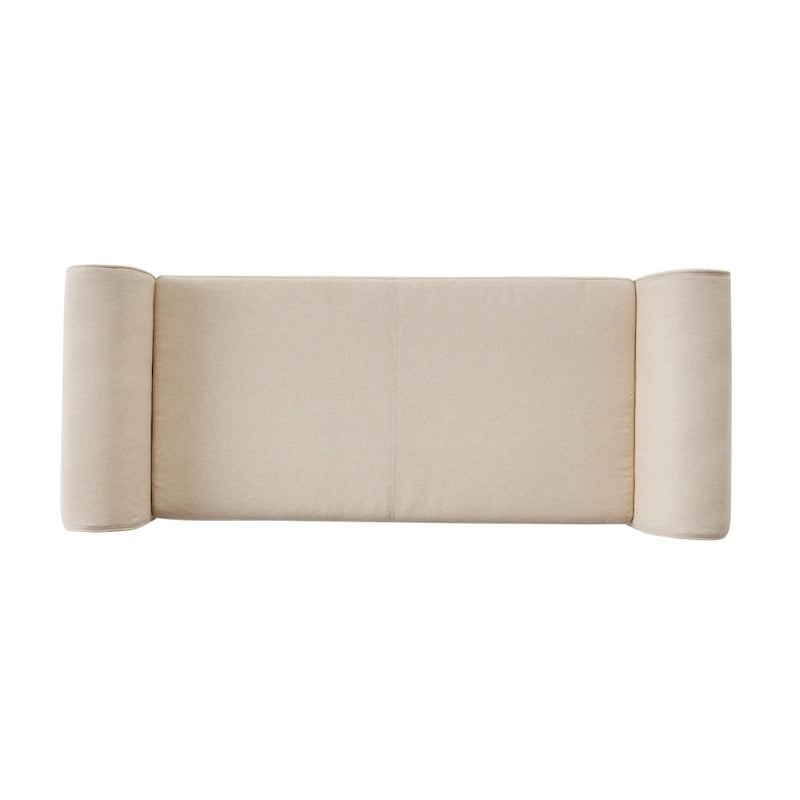 Beige Fabric Armed Storage Bench with Birch Legs and Rolled Arms