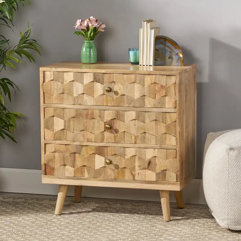 Handcrafted Mango Wood 3-Drawer Chest with 3D Carved Panel Natural Finish