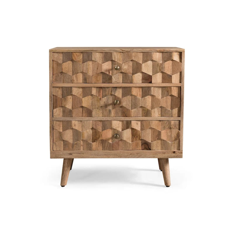 Handcrafted Mango Wood 3-Drawer Chest with 3D Carved Panel Natural Finish