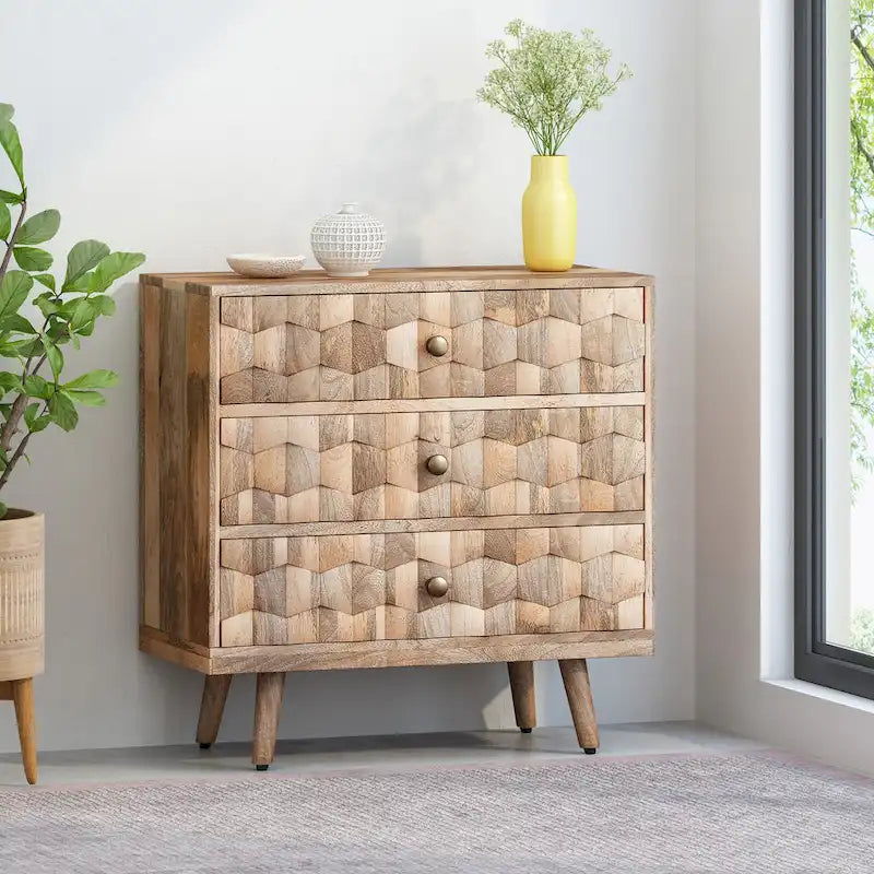 Handcrafted Mango Wood 3-Drawer Chest with 3D Carved Panel Natural Finish
