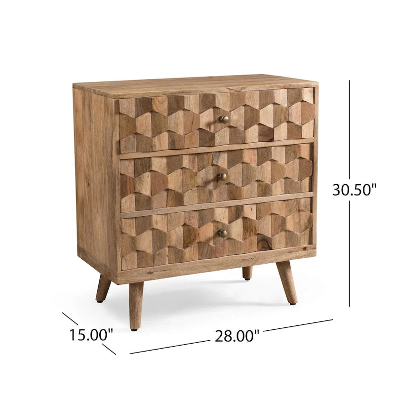 Handcrafted Mango Wood 3-Drawer Chest with 3D Carved Panel Natural Finish