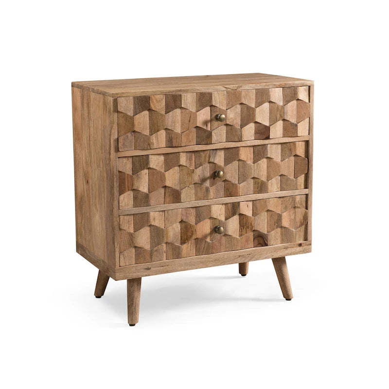Handcrafted Mango Wood 3-Drawer Chest with 3D Carved Panel Natural Finish
