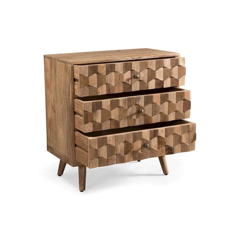 Handcrafted Mango Wood 3-Drawer Chest with 3D Carved Panel Natural Finish