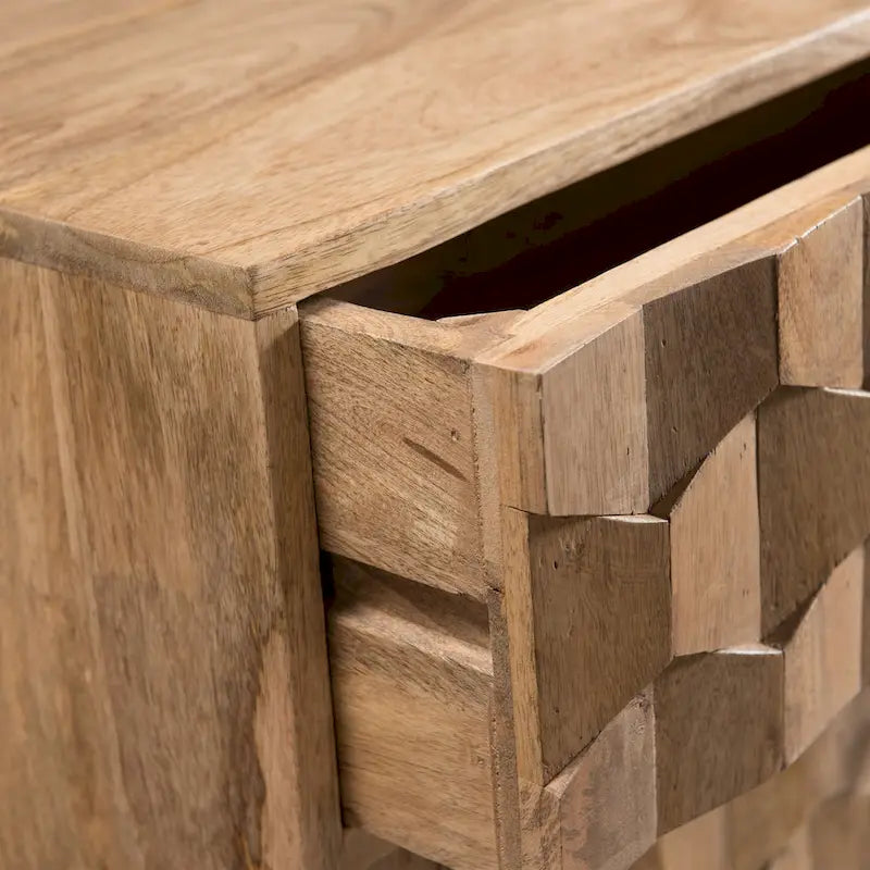Handcrafted Mango Wood 3-Drawer Chest with 3D Carved Panel Natural Finish