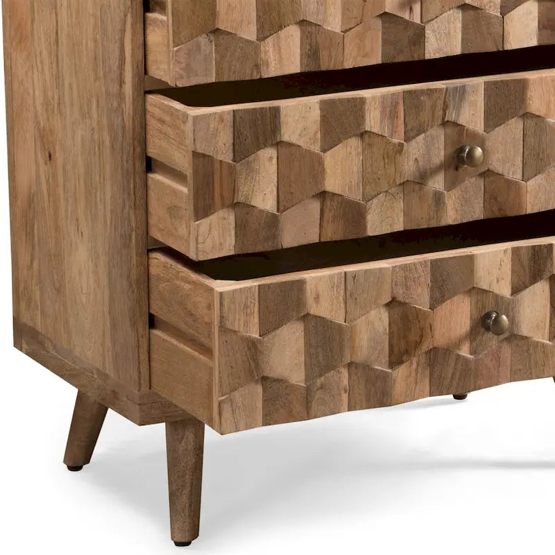 Handcrafted Mango Wood 3-Drawer Chest with 3D Carved Panel Natural Finish
