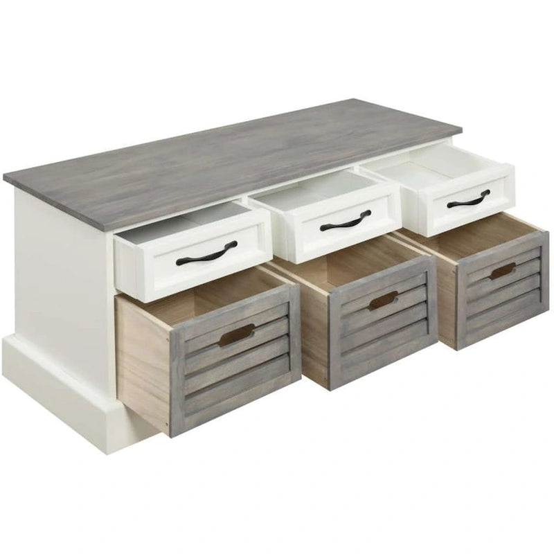 Two Toned Grey/ White Storage Bench with Drawers and Wooden Baskets