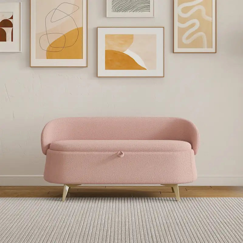 Upholstered Storage Bench with Curved Back and Metal Legs Pink Green Grey