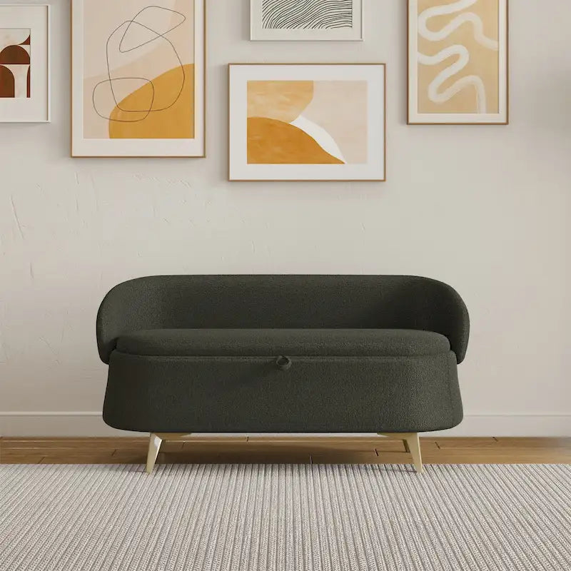 Upholstered Storage Bench with Curved Back and Metal Legs Pink Green Grey