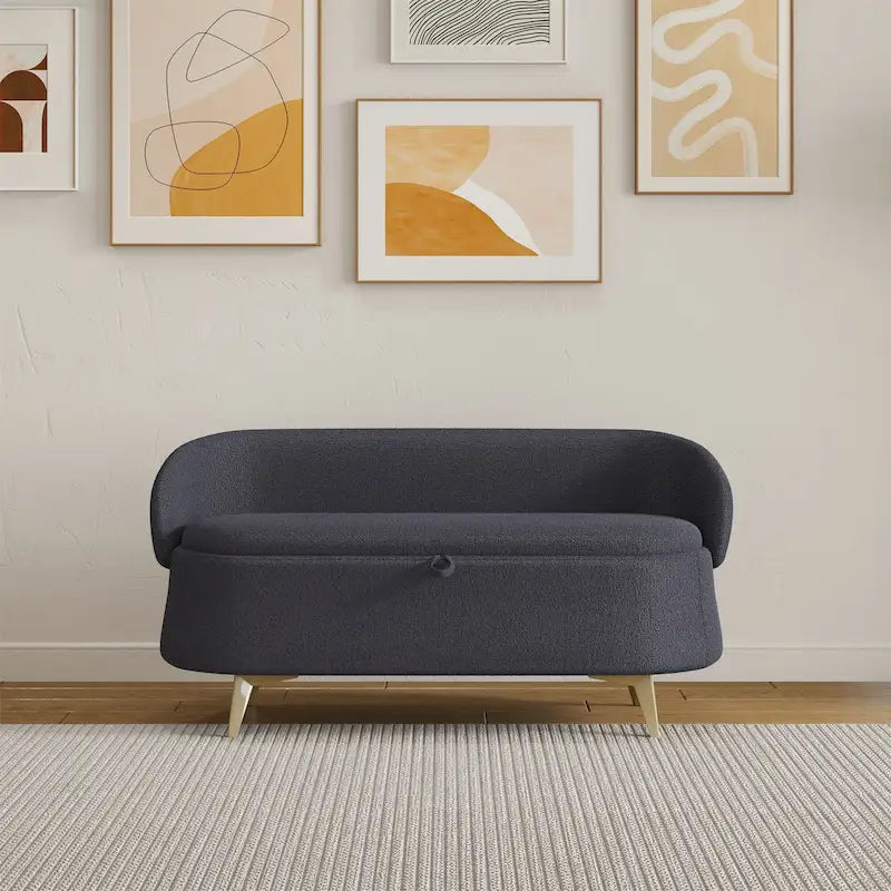 Upholstered Storage Bench with Curved Back and Metal Legs Pink Green Grey