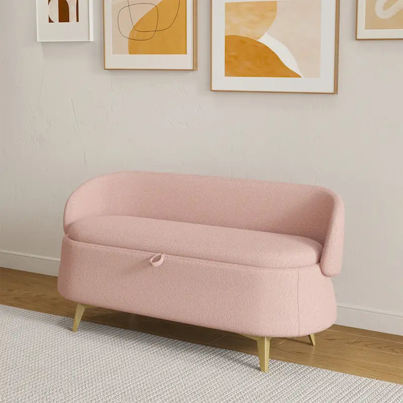 Upholstered Storage Bench with Curved Back and Metal Legs Pink Green Grey