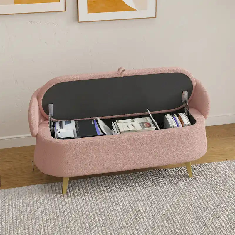 Upholstered Storage Bench with Curved Back and Metal Legs Pink Green Grey