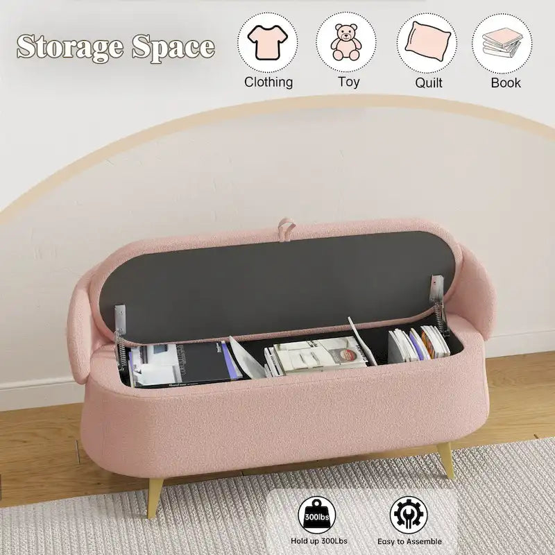 Upholstered Storage Bench with Curved Back and Metal Legs Pink Green Grey