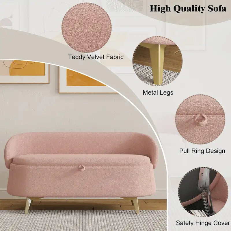 Upholstered Storage Bench with Curved Back and Metal Legs Pink Green Grey