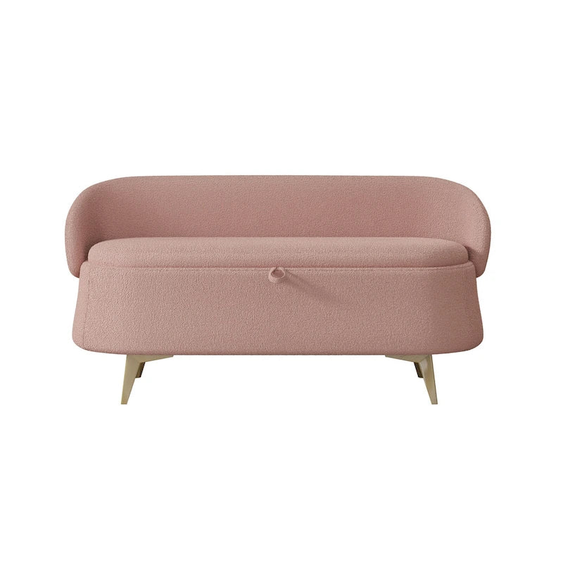 Upholstered Storage Bench with Curved Back and Metal Legs Pink Green Grey