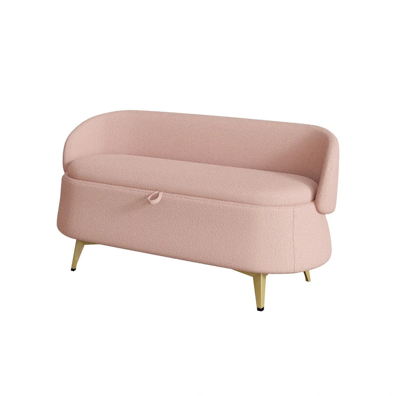 Upholstered Storage Bench with Curved Back and Metal Legs Pink Green Grey