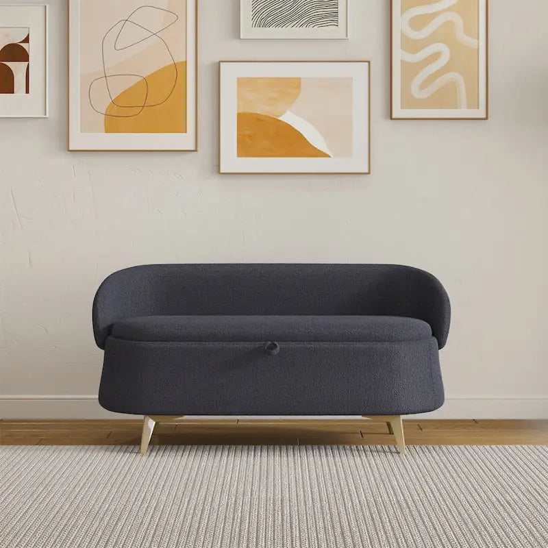Upholstered Storage Bench with Curved Back and Metal Legs Pink Green Grey