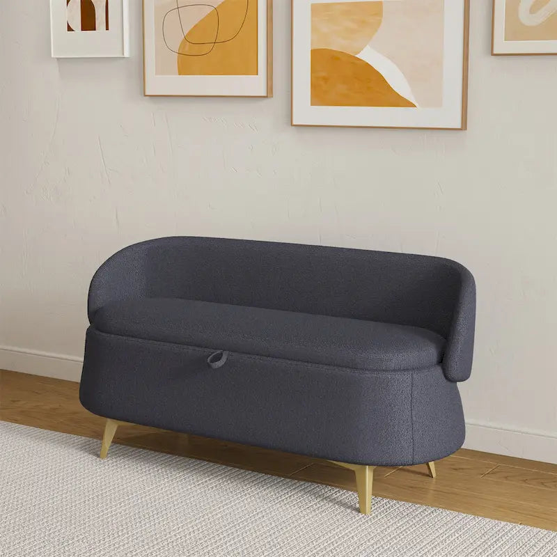 Upholstered Storage Bench with Curved Back and Metal Legs Pink Green Grey