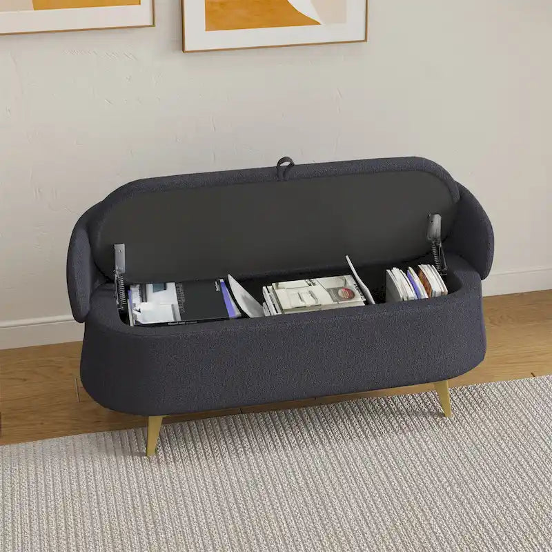 Upholstered Storage Bench with Curved Back and Metal Legs Pink Green Grey