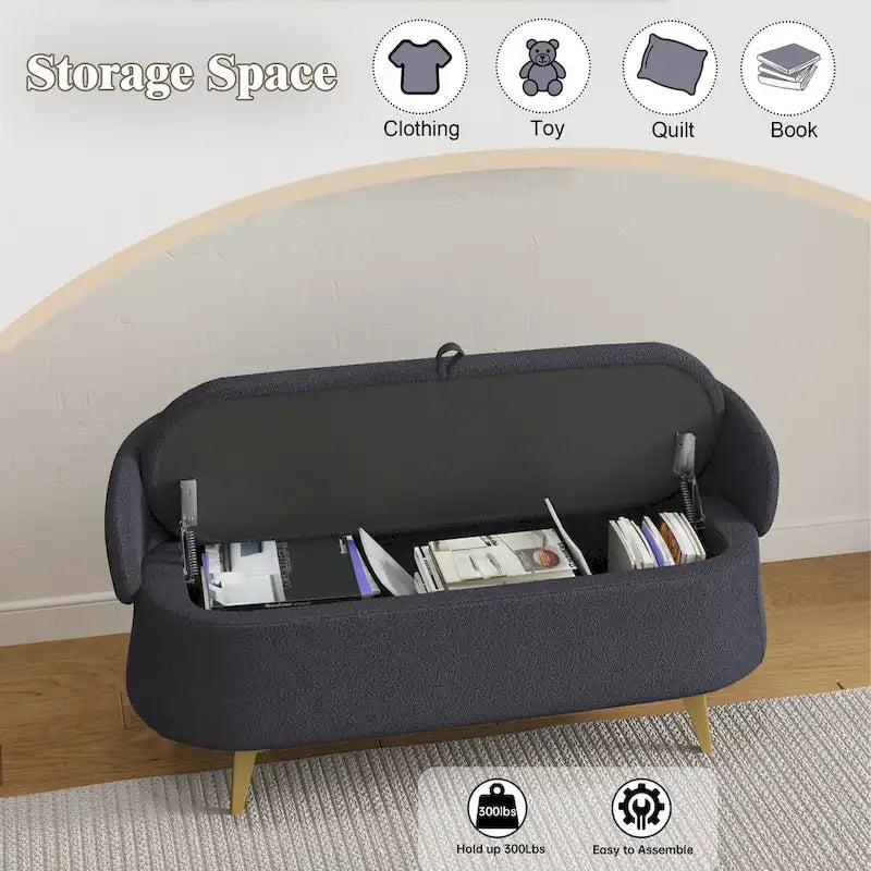 Upholstered Storage Bench with Curved Back and Metal Legs Pink Green Grey