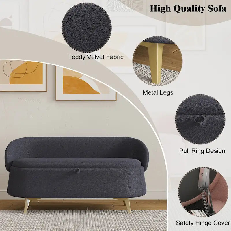 Upholstered Storage Bench with Curved Back and Metal Legs Pink Green Grey