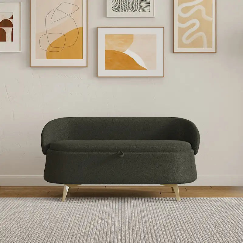 Upholstered Storage Bench with Curved Back and Metal Legs Pink Green Grey