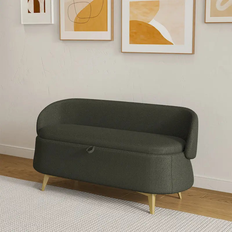 Upholstered Storage Bench with Curved Back and Metal Legs Pink Green Grey