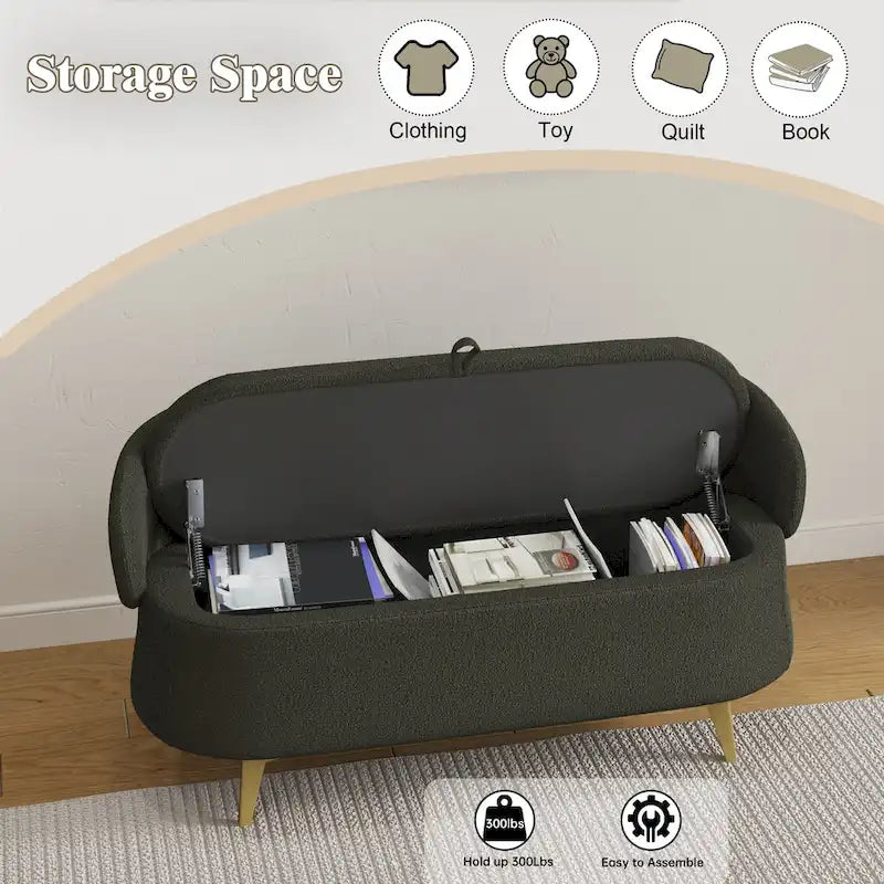 Upholstered Storage Bench with Curved Back and Metal Legs Pink Green Grey