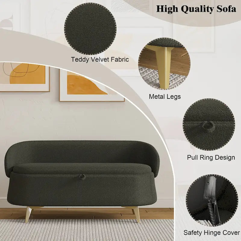 Upholstered Storage Bench with Curved Back and Metal Legs Pink Green Grey