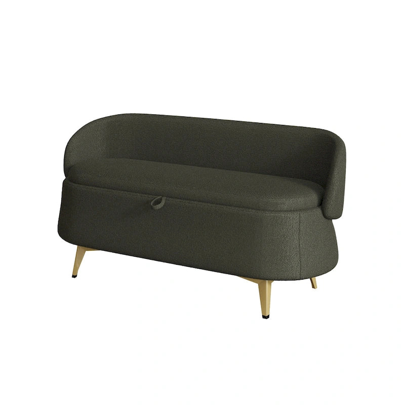 Upholstered Storage Bench with Curved Back and Metal Legs Pink Green Grey