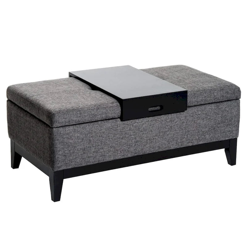 HomCom 42 Rectangular Linen Fabric Storage Ottoman Bench with Tray - Grey