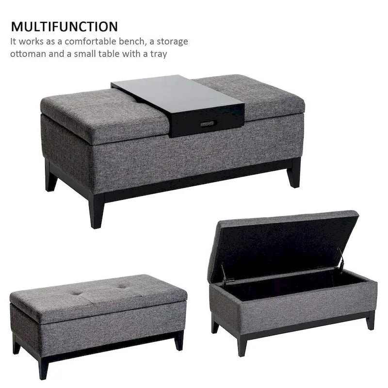 Rectangular Linen Fabric Tufted Storage Ottoman Bench with Tray, Grey