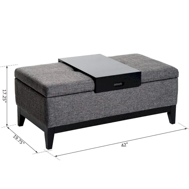 Rectangular Linen Fabric Tufted Storage Ottoman Bench with Tray, Grey