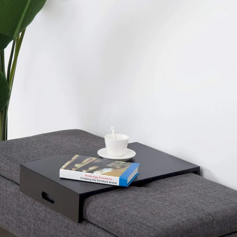 Rectangular Linen Fabric Tufted Storage Ottoman Bench with Tray, Grey
