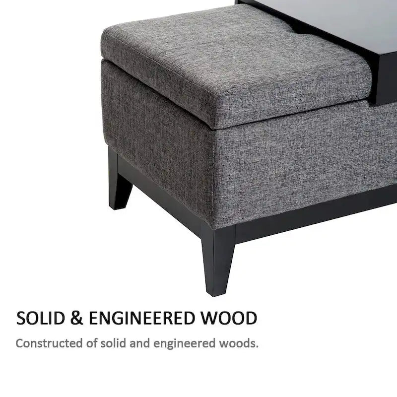 Rectangular Linen Fabric Tufted Storage Ottoman Bench with Tray, Grey