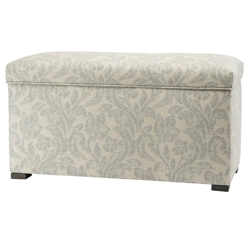 Floral Fabric Upholstered Storage Trunk Ottoman Bench Blue Off-White Living Room