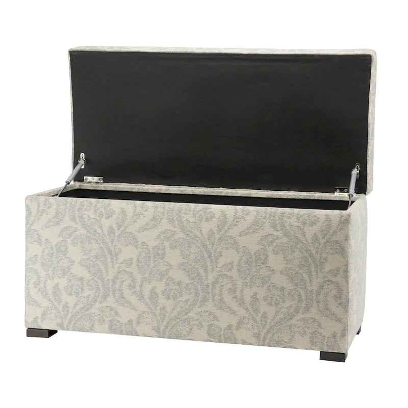 Floral Fabric Upholstered Storage Trunk Ottoman Bench Blue Off-White Living Room