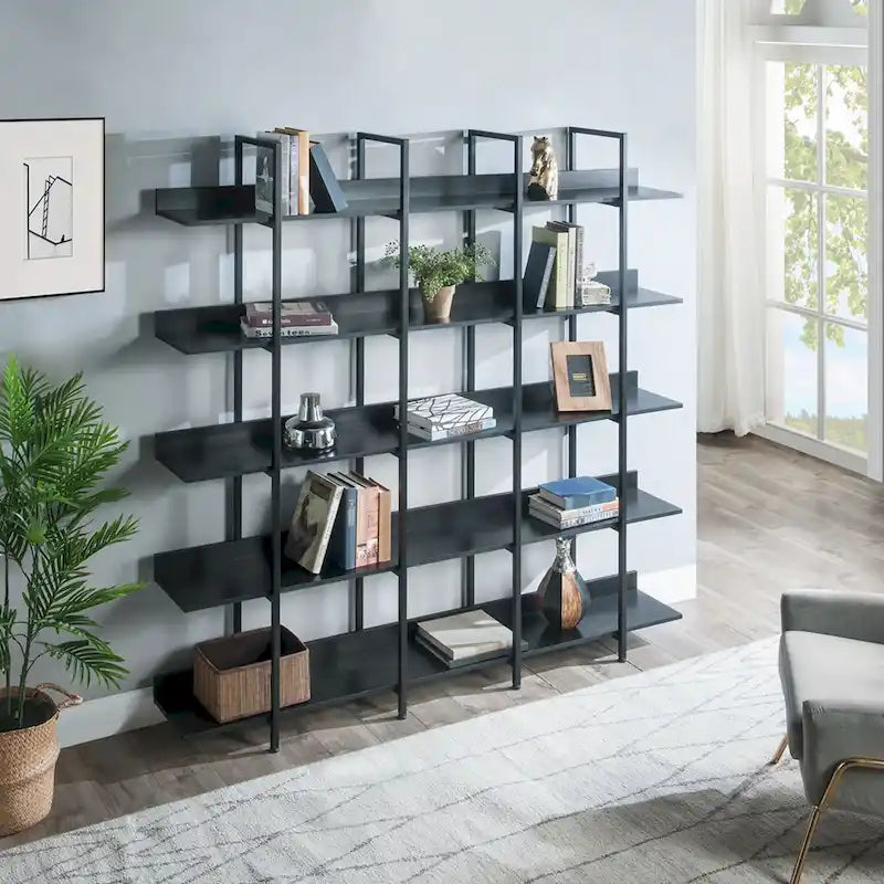 5-Tier Open Bookshelf with Metal Frame, Brown / White / Black