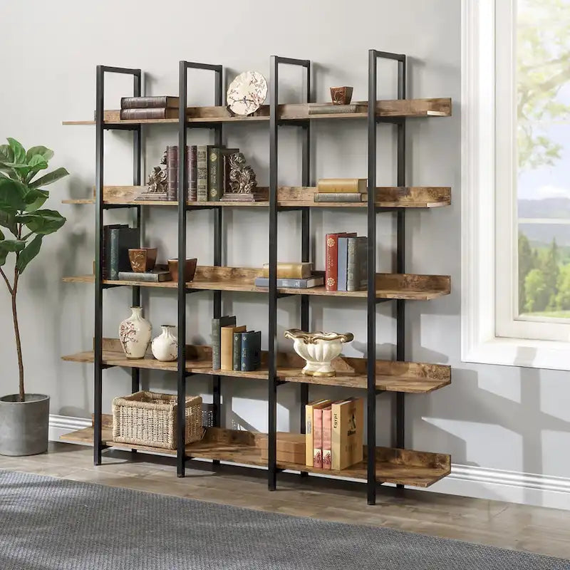 5-Tier Open Bookshelf with Metal Frame, Brown / White / Black