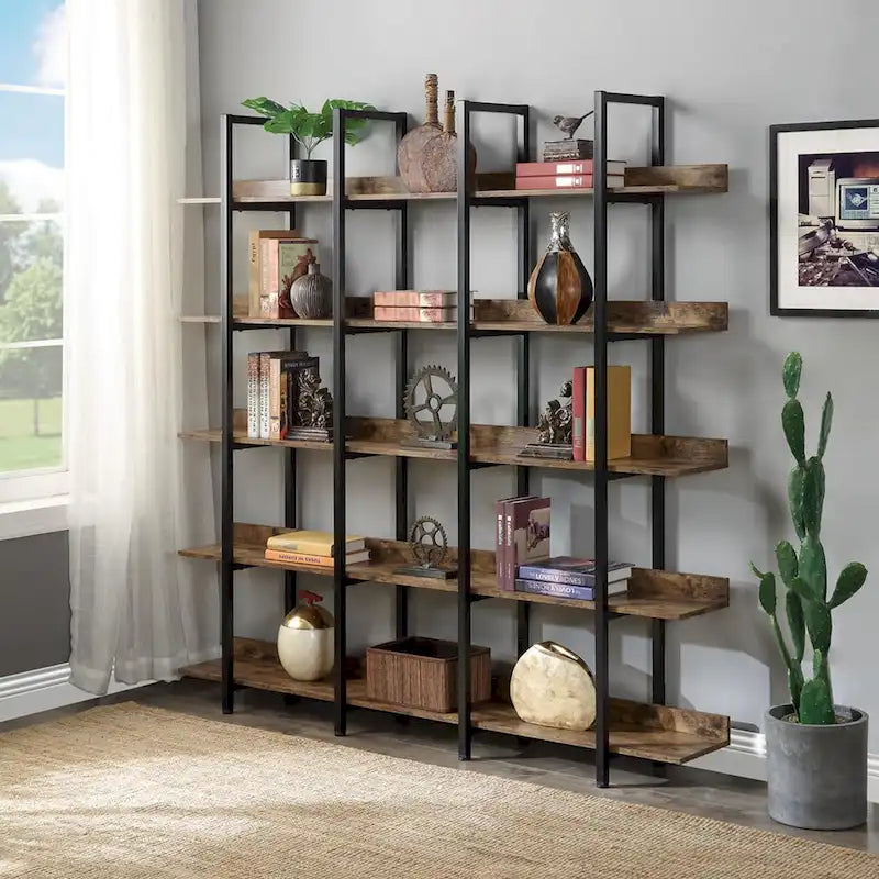 5-Tier Open Bookshelf with Metal Frame, Brown / White / Black